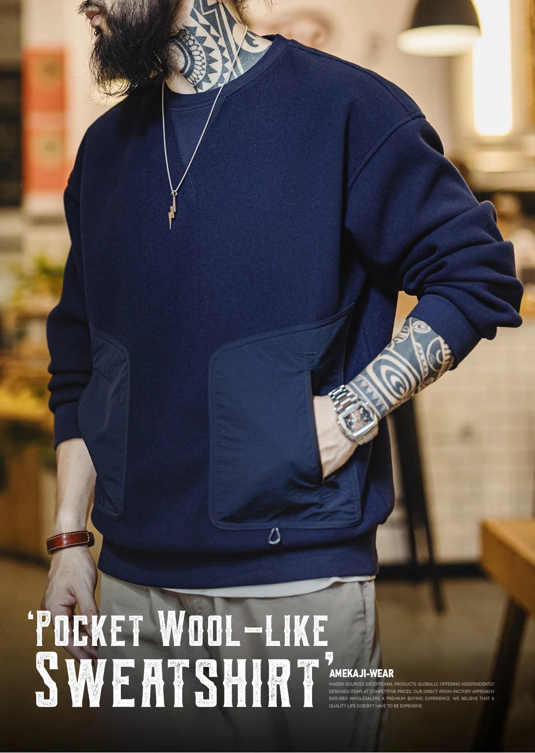 Maden Vintage Heavyweight Patchwork Pocket Sweatshirt Loose Round-neck Versatile Hoodies for Men's Autumn Long-sleeved Pullover