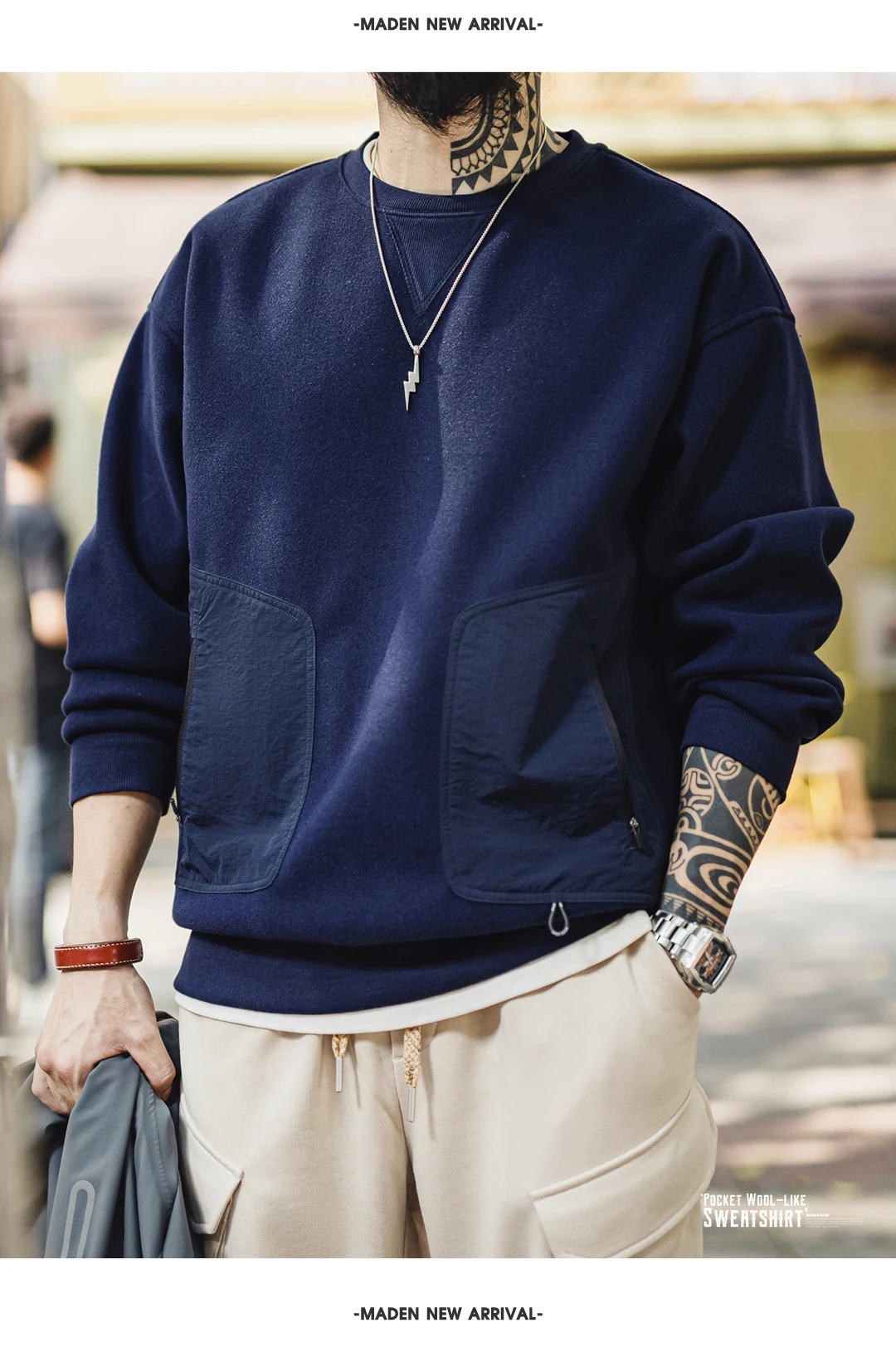 Maden Vintage Heavyweight Patchwork Pocket Sweatshirt Loose Round-neck Versatile Hoodies for Men's Autumn Long-sleeved Pullover