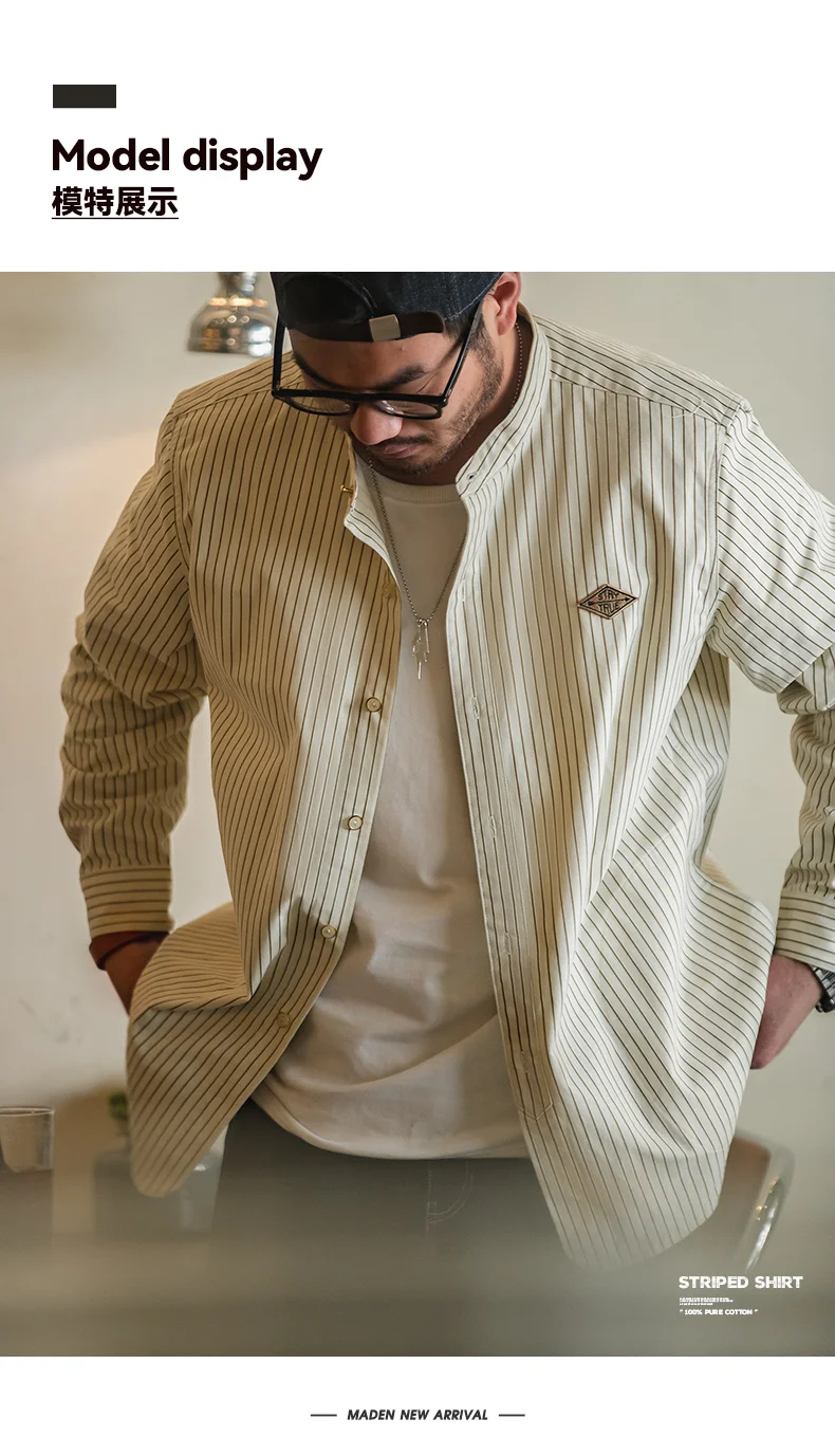 Maden Retro Vertical Pinstripes Shirts for Men 100% Cotton Band Collar Long Sleeve Blouses Uncle Fu Loose Baseball Shirt Jacket