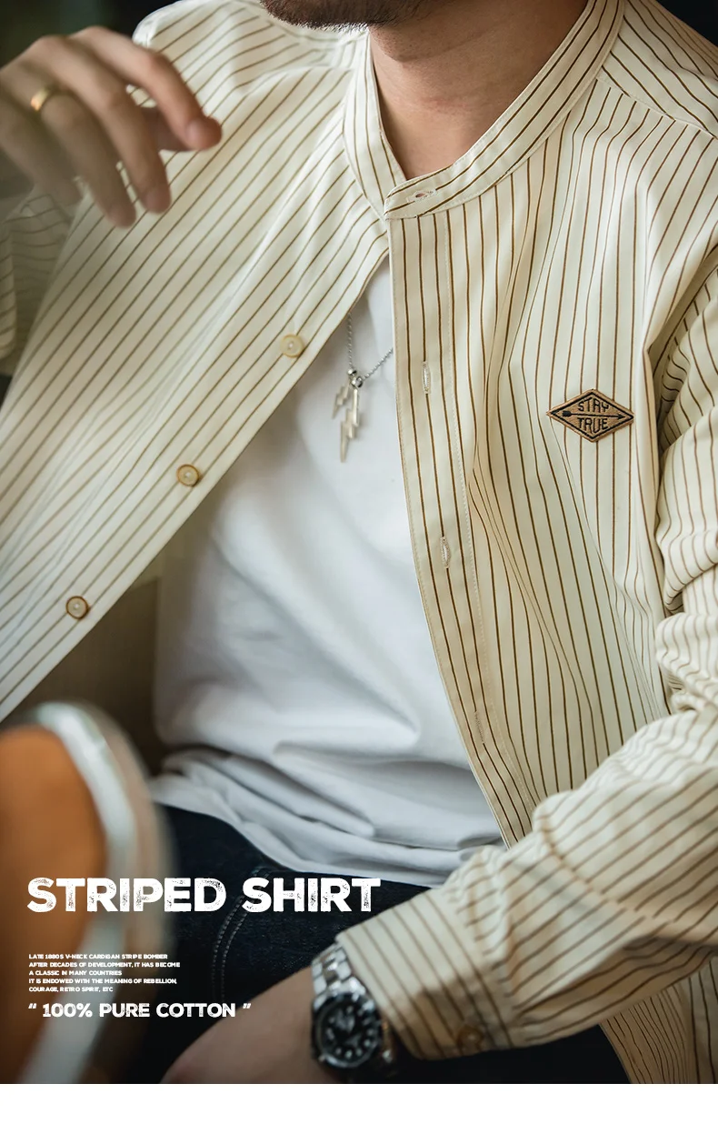 Maden Retro Vertical Pinstripes Shirts for Men 100% Cotton Band Collar Long Sleeve Blouses Uncle Fu Loose Baseball Shirt Jacket