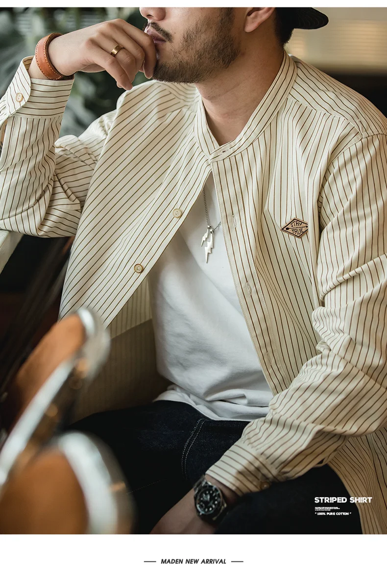 Maden Retro Vertical Pinstripes Shirts for Men 100% Cotton Band Collar Long Sleeve Blouses Uncle Fu Loose Baseball Shirt Jacket