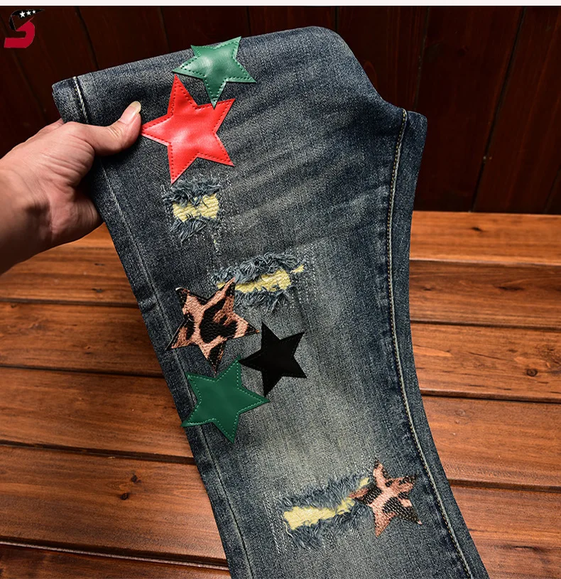 High Street Fashion Jeans Men's Autumn and Winter Clothing Hole & Patch Personality Star Patch Slim Fit Skinny Stretch Pants