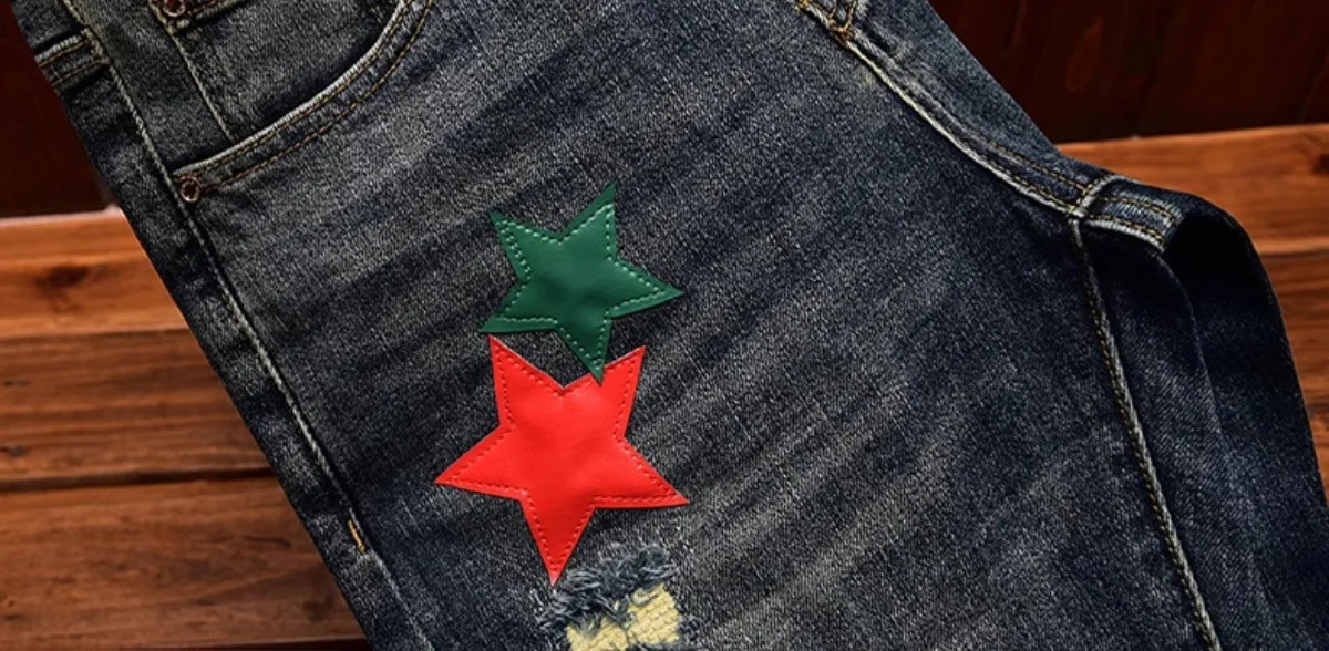 High Street Fashion Jeans Men's Autumn and Winter Clothing Hole & Patch Personality Star Patch Slim Fit Skinny Stretch Pants
