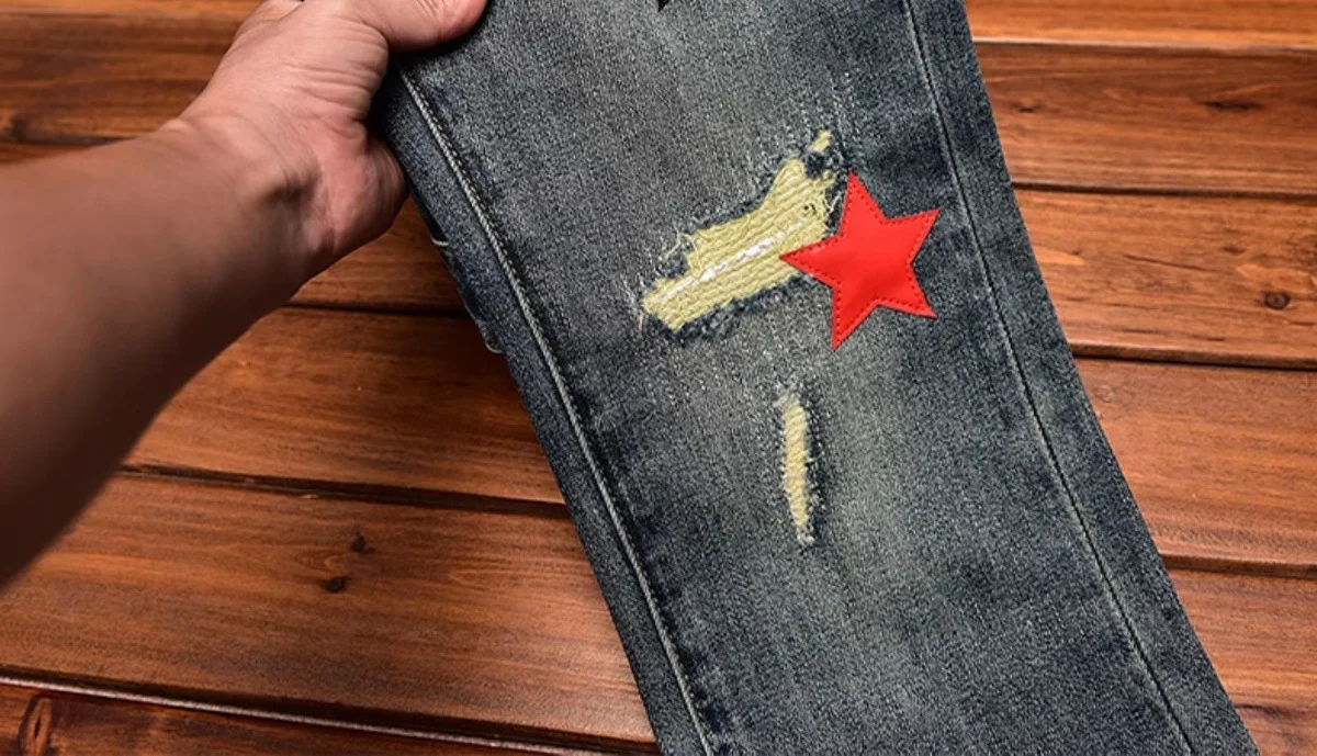 High Street Fashion Jeans Men's Autumn and Winter Clothing Hole & Patch Personality Star Patch Slim Fit Skinny Stretch Pants