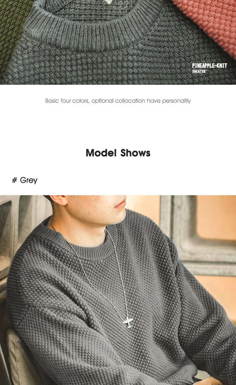 Maden Workwear Men's Vintage Heavyweight Grey Pineapple Pattern Sweater Thickened Round Neck Lazy Autumn Knit