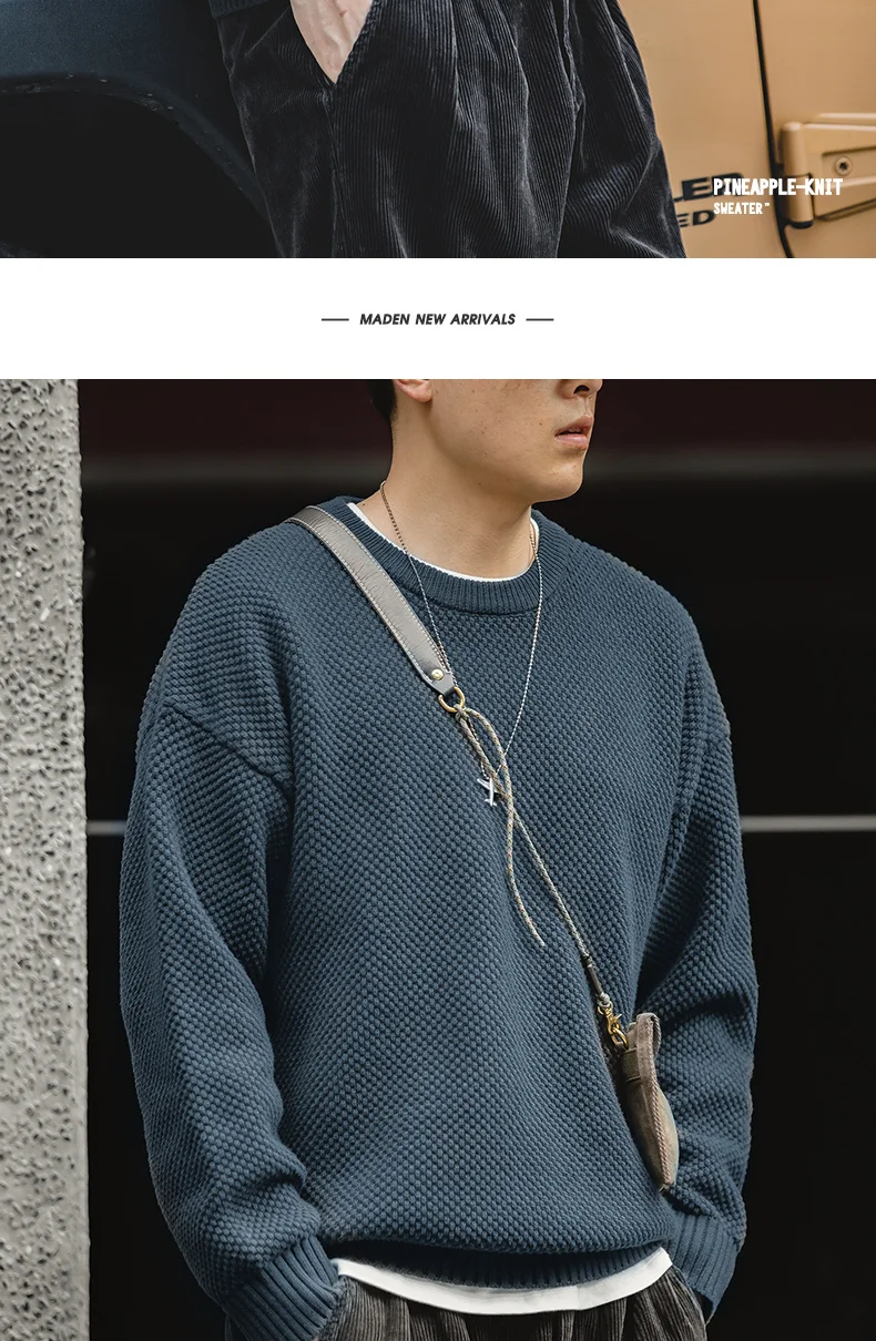Maden Workwear Men's Vintage Heavyweight Grey Pineapple Pattern Sweater Thickened Round Neck Lazy Autumn Knit