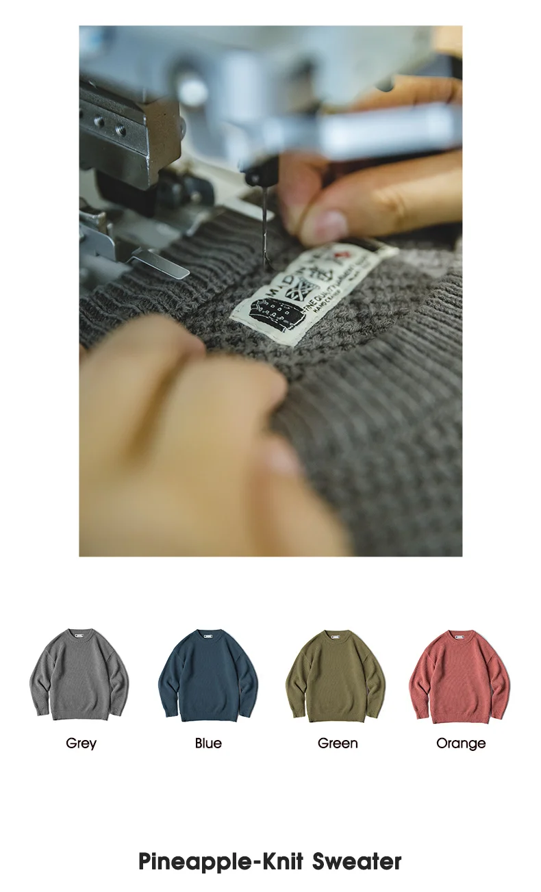 Maden Workwear Men's Vintage Heavyweight Grey Pineapple Pattern Sweater Thickened Round Neck Lazy Autumn Knit
