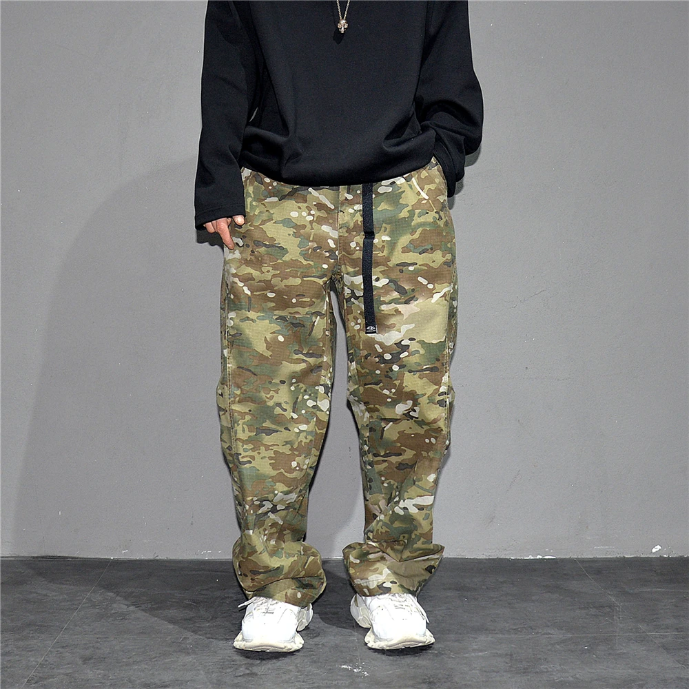 Urban Camo Cargo Pants Men Hiphop Streetwear Loose Fit Adjustable Waistband Cotton Oversized2025 Youth Trendy Tactical Style