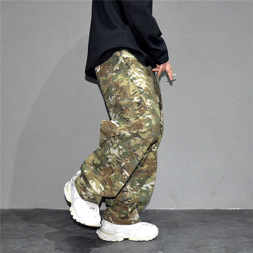 Urban Camo Cargo Pants Men Hiphop Streetwear Loose Fit Adjustable Waistband Cotton Oversized2025 Youth Trendy Tactical Style