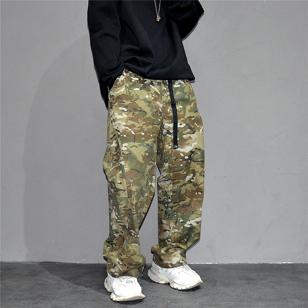 Urban Camo Cargo Pants Men Hiphop Streetwear Loose Fit Adjustable Waistband Cotton Oversized2025 Youth Trendy Tactical Style