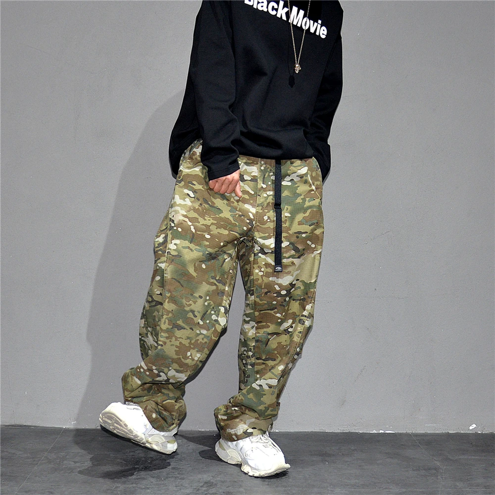 Urban Camo Cargo Pants Men Hiphop Streetwear Loose Fit Adjustable Waistband Cotton Oversized2025 Youth Trendy Tactical Style