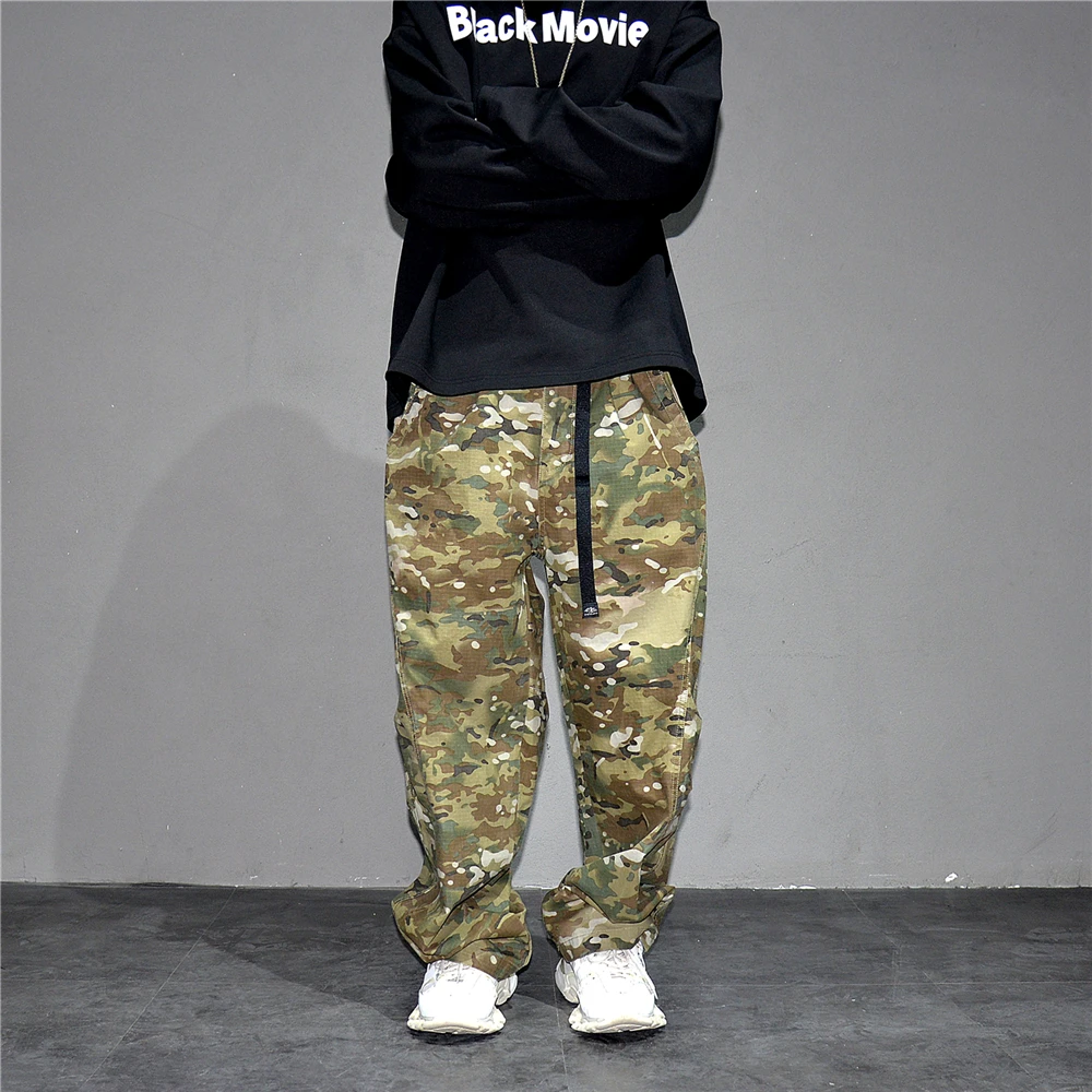 Urban Camo Cargo Pants Men Hiphop Streetwear Loose Fit Adjustable Waistband Cotton Oversized2025 Youth Trendy Tactical Style
