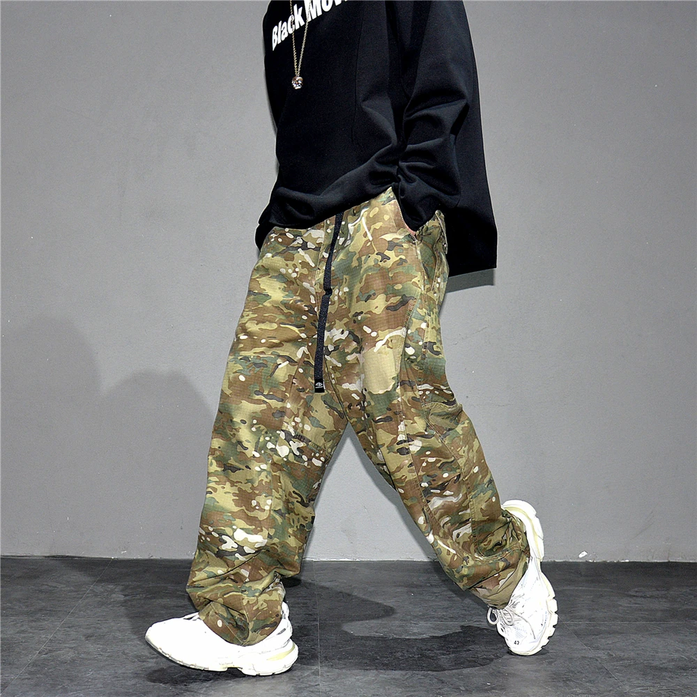 Urban Camo Cargo Pants Men Hiphop Streetwear Loose Fit Adjustable Waistband Cotton Oversized2025 Youth Trendy Tactical Style
