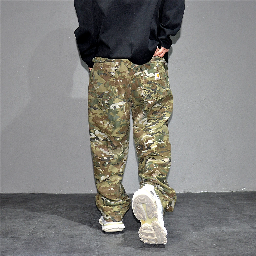 Urban Camo Cargo Pants Men Hiphop Streetwear Loose Fit Adjustable Waistband Cotton Oversized2025 Youth Trendy Tactical Style