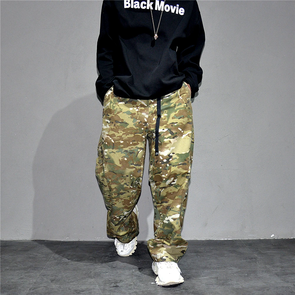 Urban Camo Cargo Pants Men Hiphop Streetwear Loose Fit Adjustable Waistband Cotton Oversized2025 Youth Trendy Tactical Style