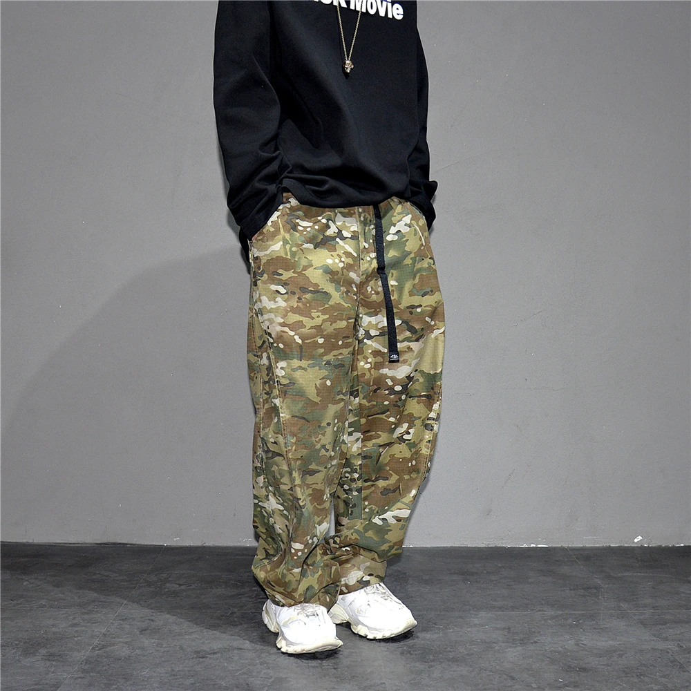 Urban Camo Cargo Pants Men Hiphop Streetwear Loose Fit Adjustable Waistband Cotton Oversized2025 Youth Trendy Tactical Style