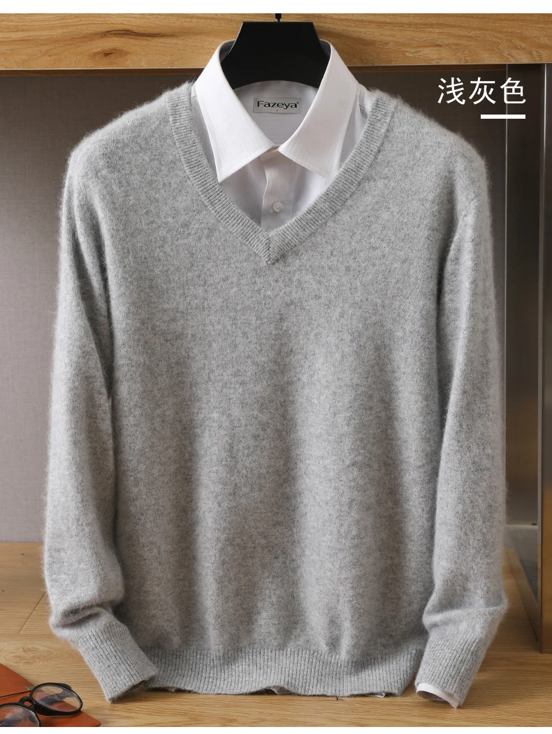 Men's 100% Pure Mink Cashmere Sweater V-Neck Pullover Knitted Large Size Mink Sweater Winter New Tops Longsleeve Fashion Highend