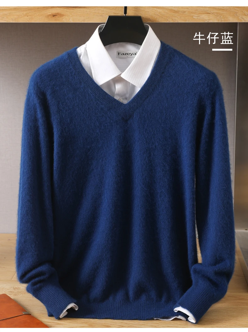 Men's 100% Pure Mink Cashmere Sweater V-Neck Pullover Knitted Large Size Mink Sweater Winter New Tops Longsleeve Fashion Highend