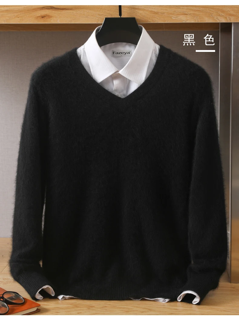 Men's 100% Pure Mink Cashmere Sweater V-Neck Pullover Knitted Large Size Mink Sweater Winter New Tops Longsleeve Fashion Highend