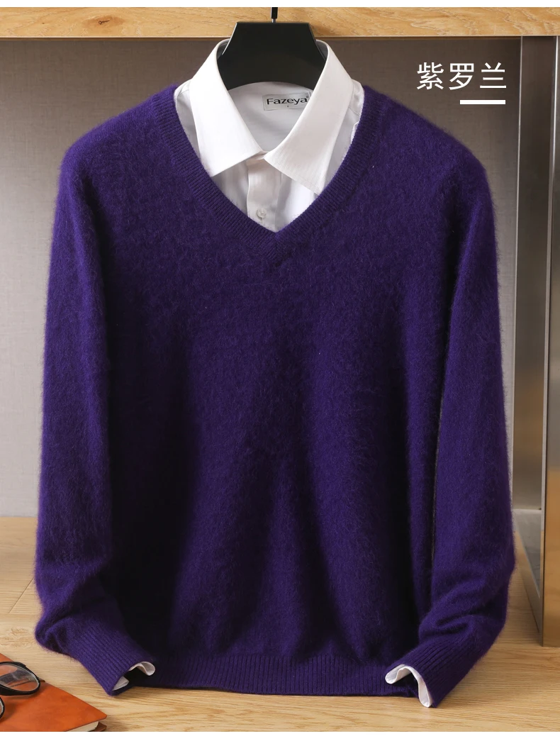 Men's 100% Pure Mink Cashmere Sweater V-Neck Pullover Knitted Large Size Mink Sweater Winter New Tops Longsleeve Fashion Highend