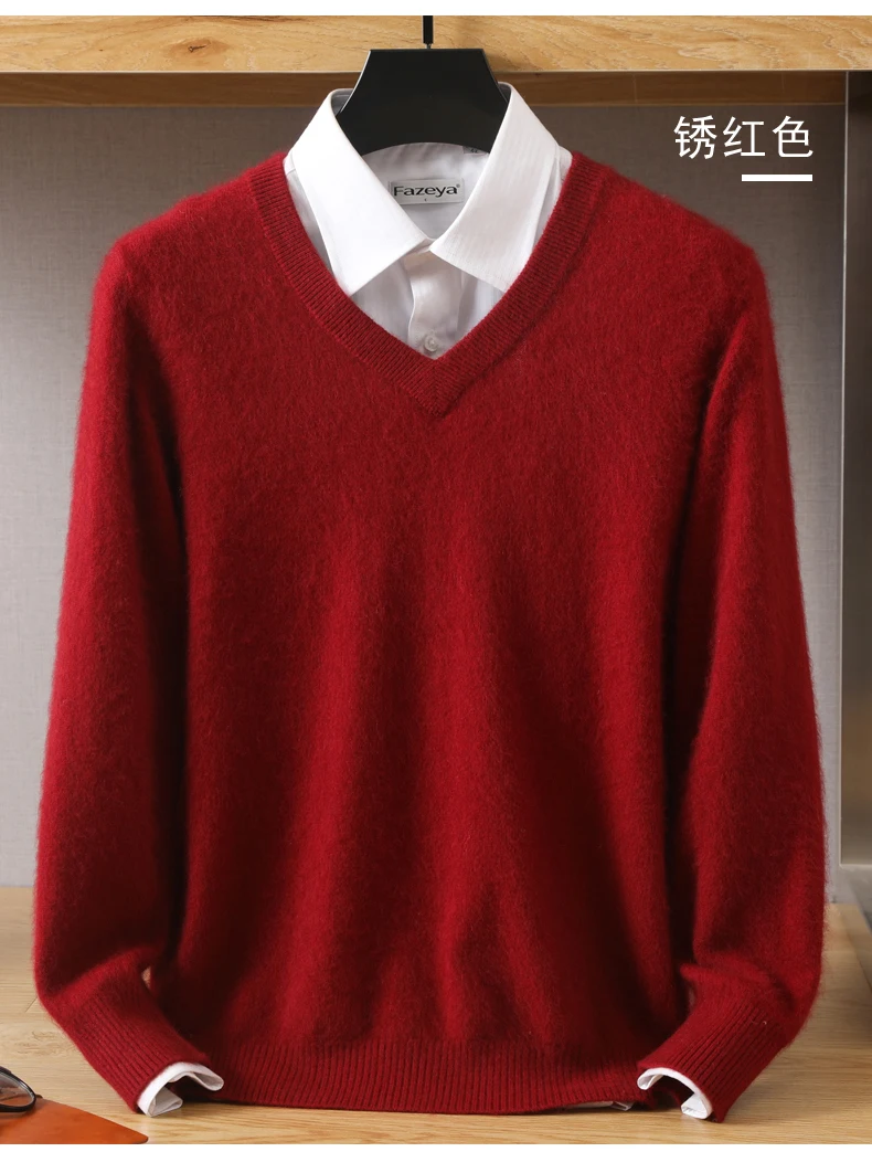 Men's 100% Pure Mink Cashmere Sweater V-Neck Pullover Knitted Large Size Mink Sweater Winter New Tops Longsleeve Fashion Highend