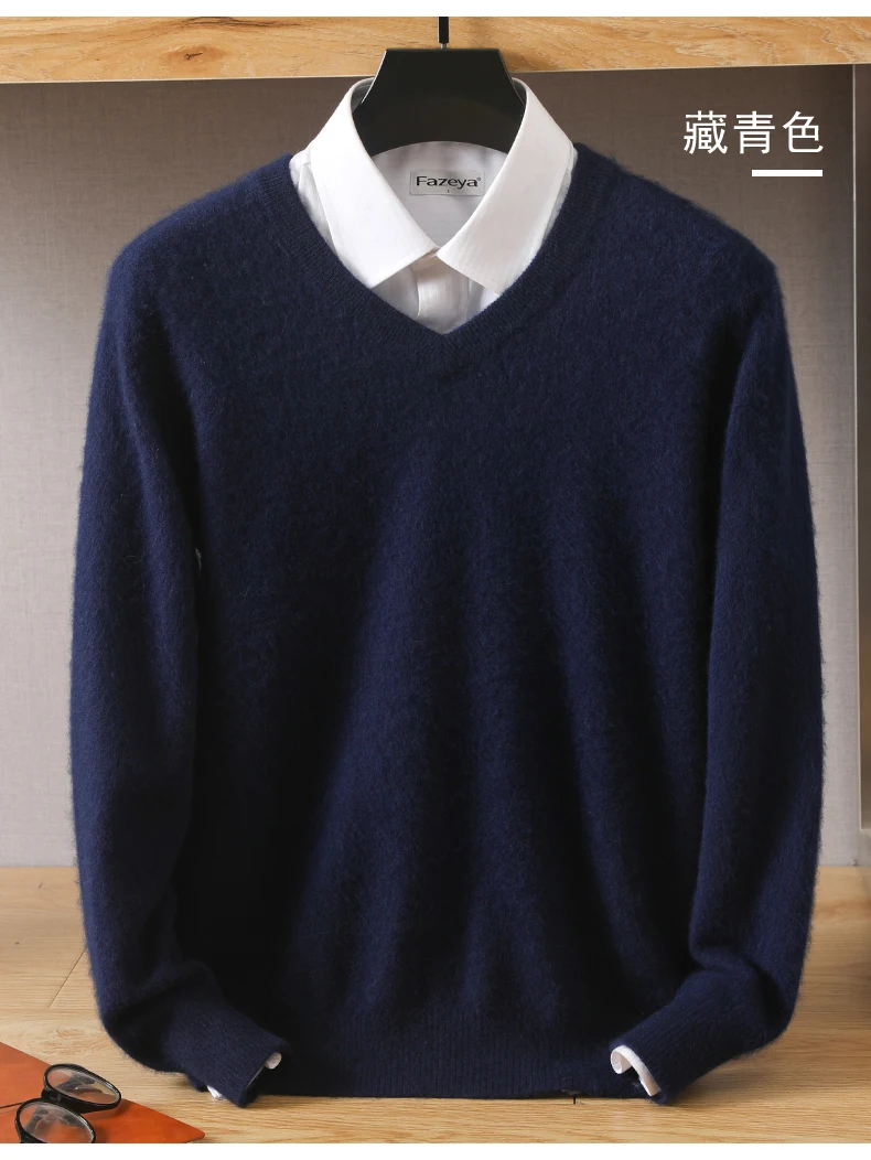 Men's 100% Pure Mink Cashmere Sweater V-Neck Pullover Knitted Large Size Mink Sweater Winter New Tops Longsleeve Fashion Highend