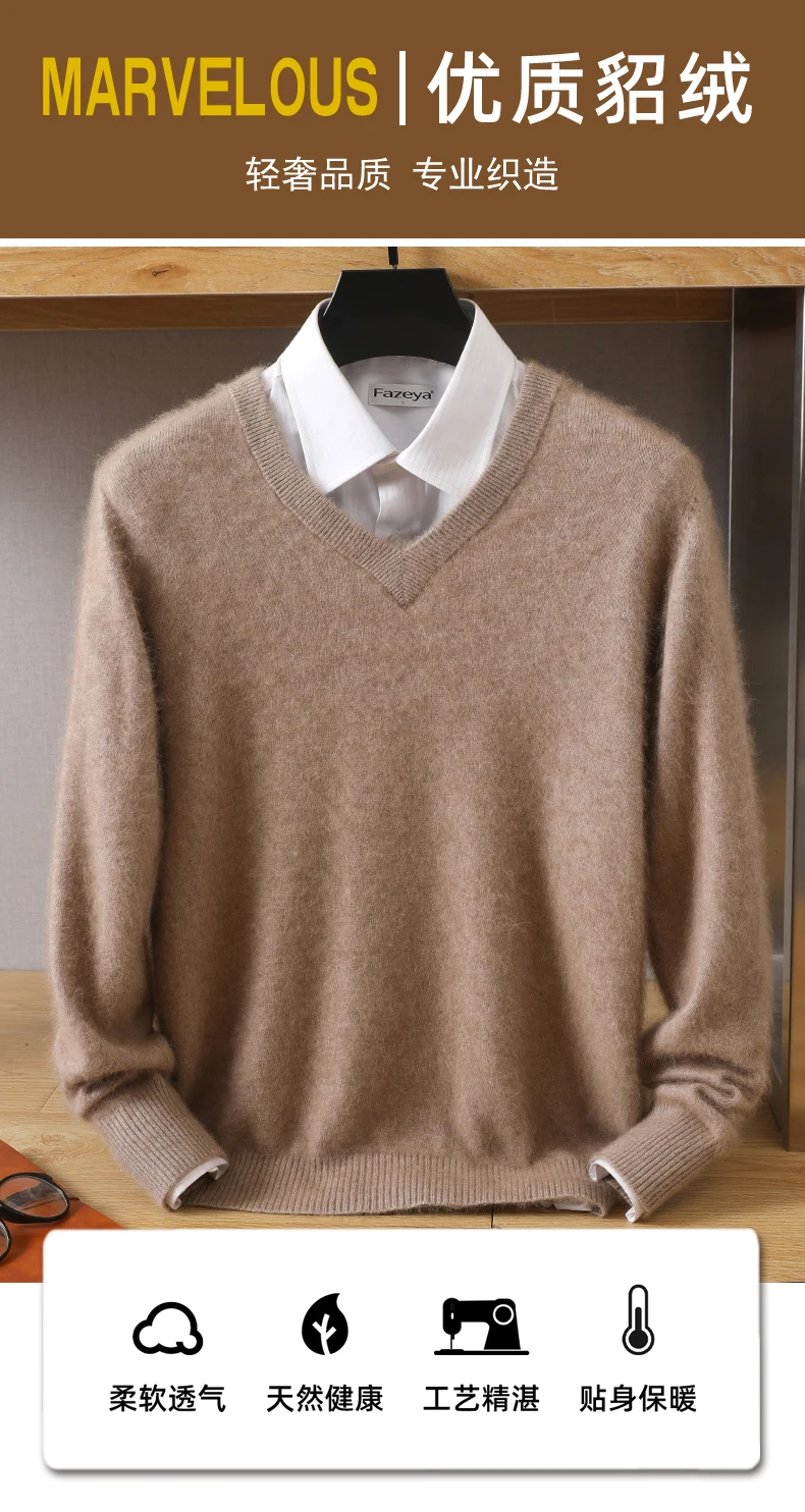 Men's 100% Pure Mink Cashmere Sweater V-Neck Pullover Knitted Large Size Mink Sweater Winter New Tops Longsleeve Fashion Highend