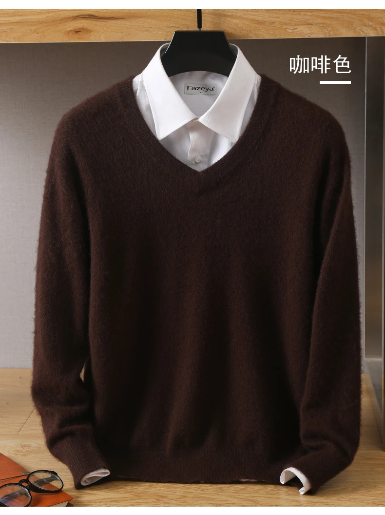 Men's 100% Pure Mink Cashmere Sweater V-Neck Pullover Knitted Large Size Mink Sweater Winter New Tops Longsleeve Fashion Highend