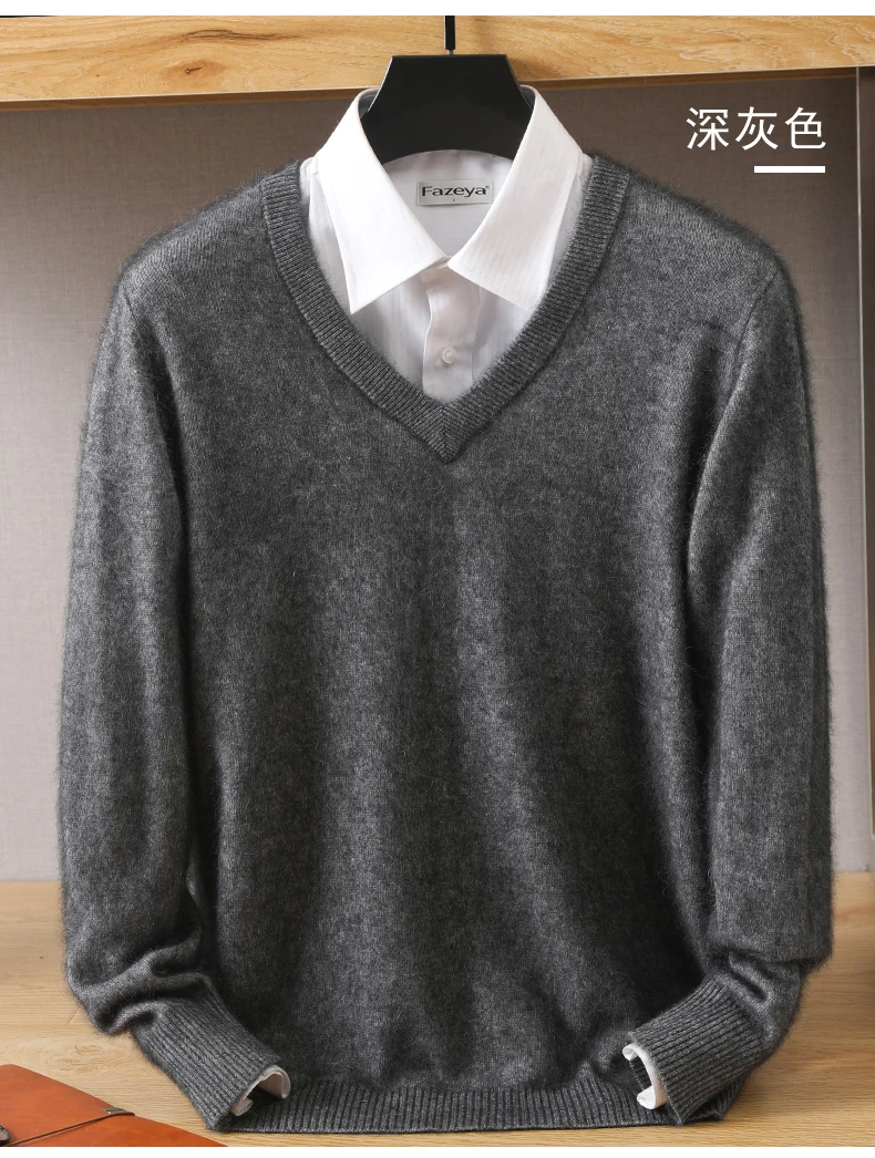 Men's 100% Pure Mink Cashmere Sweater V-Neck Pullover Knitted Large Size Mink Sweater Winter New Tops Longsleeve Fashion Highend