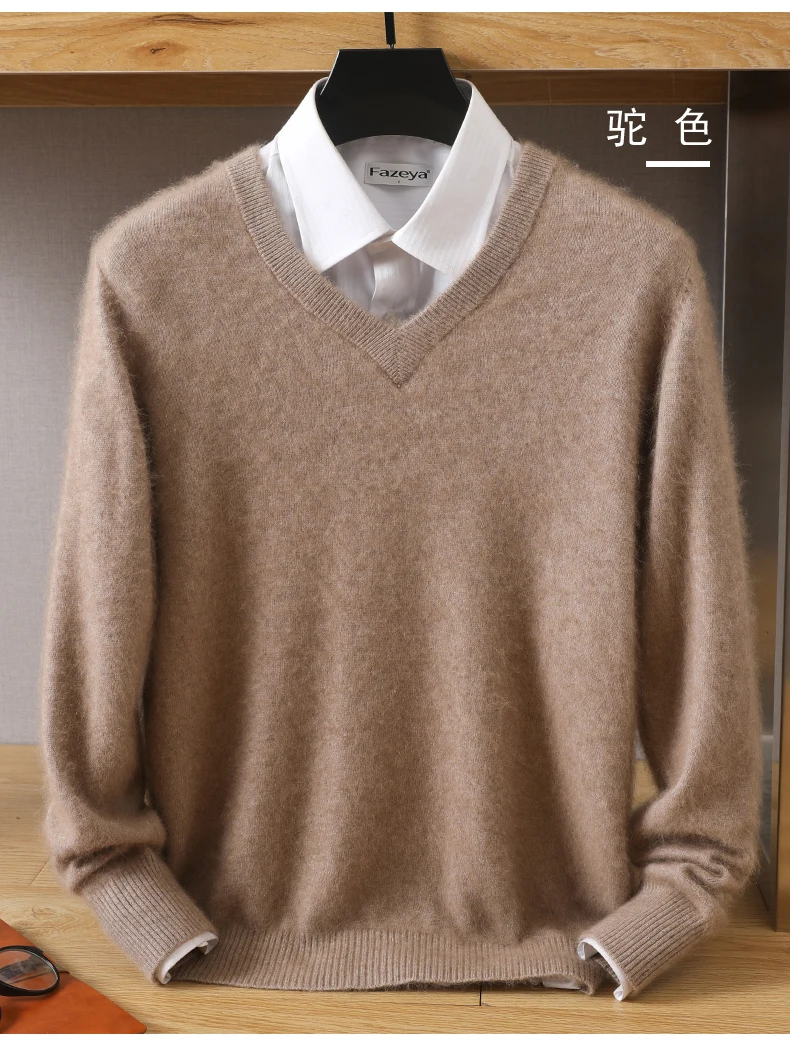 Men's 100% Pure Mink Cashmere Sweater V-Neck Pullover Knitted Large Size Mink Sweater Winter New Tops Longsleeve Fashion Highend