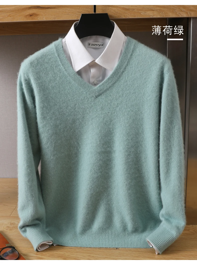 Men's 100% Pure Mink Cashmere Sweater V-Neck Pullover Knitted Large Size Mink Sweater Winter New Tops Longsleeve Fashion Highend