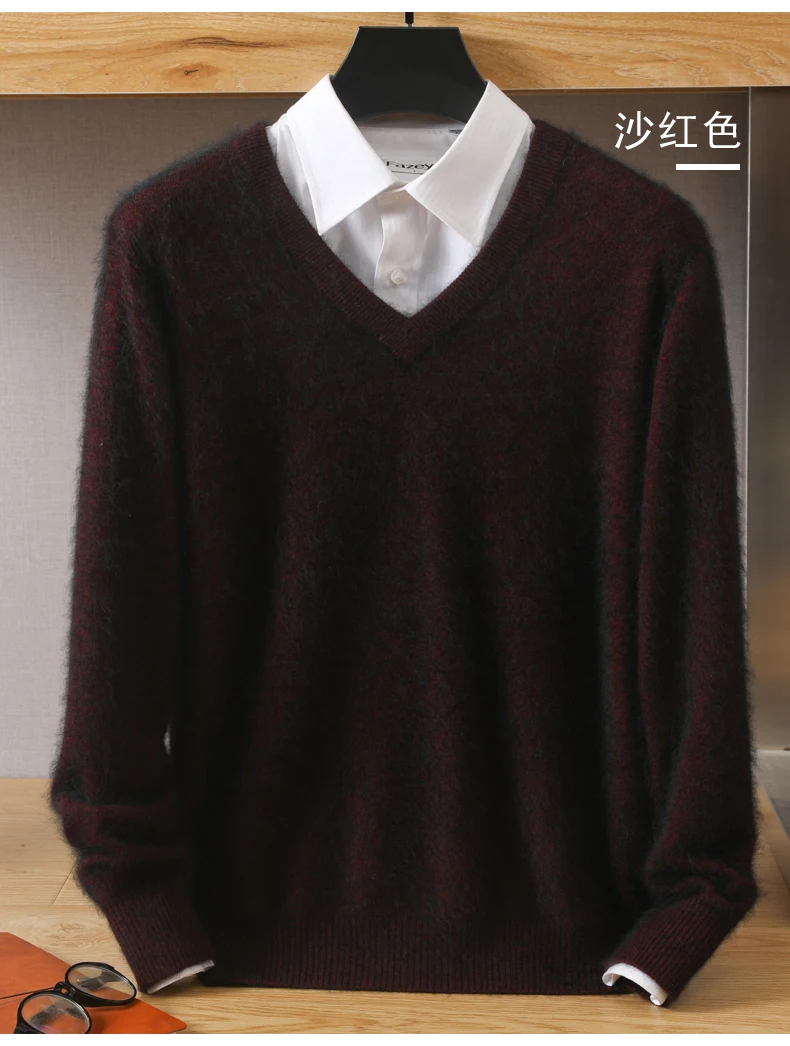 Men's 100% Pure Mink Cashmere Sweater V-Neck Pullover Knitted Large Size Mink Sweater Winter New Tops Longsleeve Fashion Highend