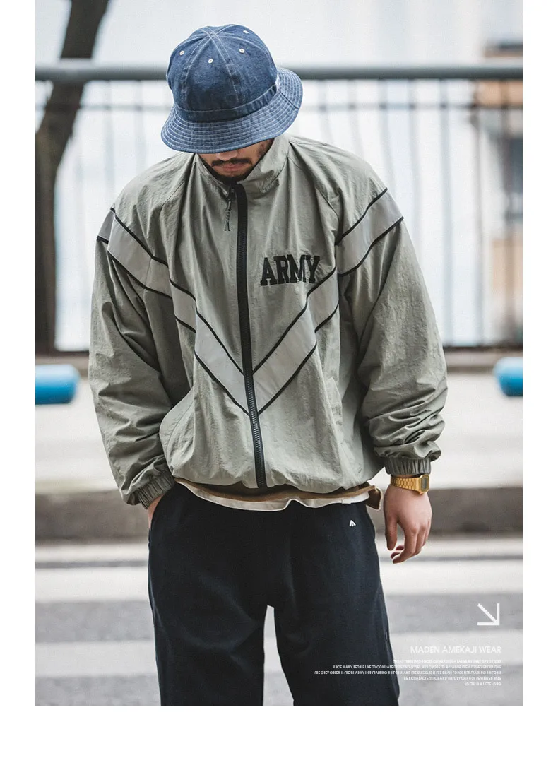 Maden Bomber Jackets For Men Vintage Training Coat Vibe Wind Reflective Hooded Quick-drying Jacket Male Blue