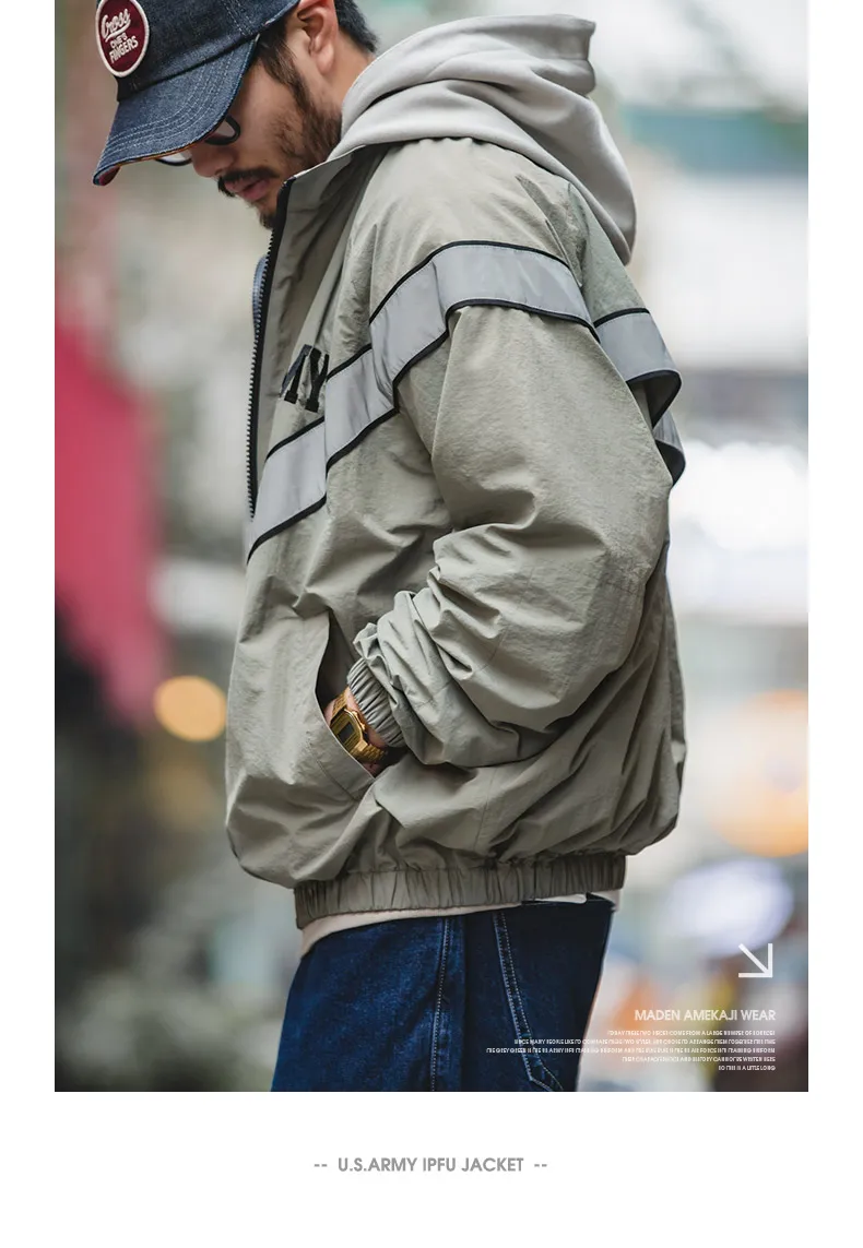 Maden Bomber Jackets For Men Vintage Training Coat Vibe Wind Reflective Hooded Quick-drying Jacket Male Blue