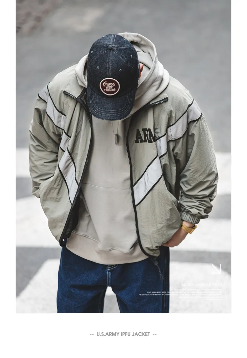 Maden Bomber Jackets For Men Vintage Training Coat Vibe Wind Reflective Hooded Quick-drying Jacket Male Blue
