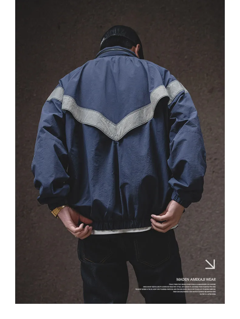 Maden Bomber Jackets For Men Vintage Training Coat Vibe Wind Reflective Hooded Quick-drying Jacket Male Blue