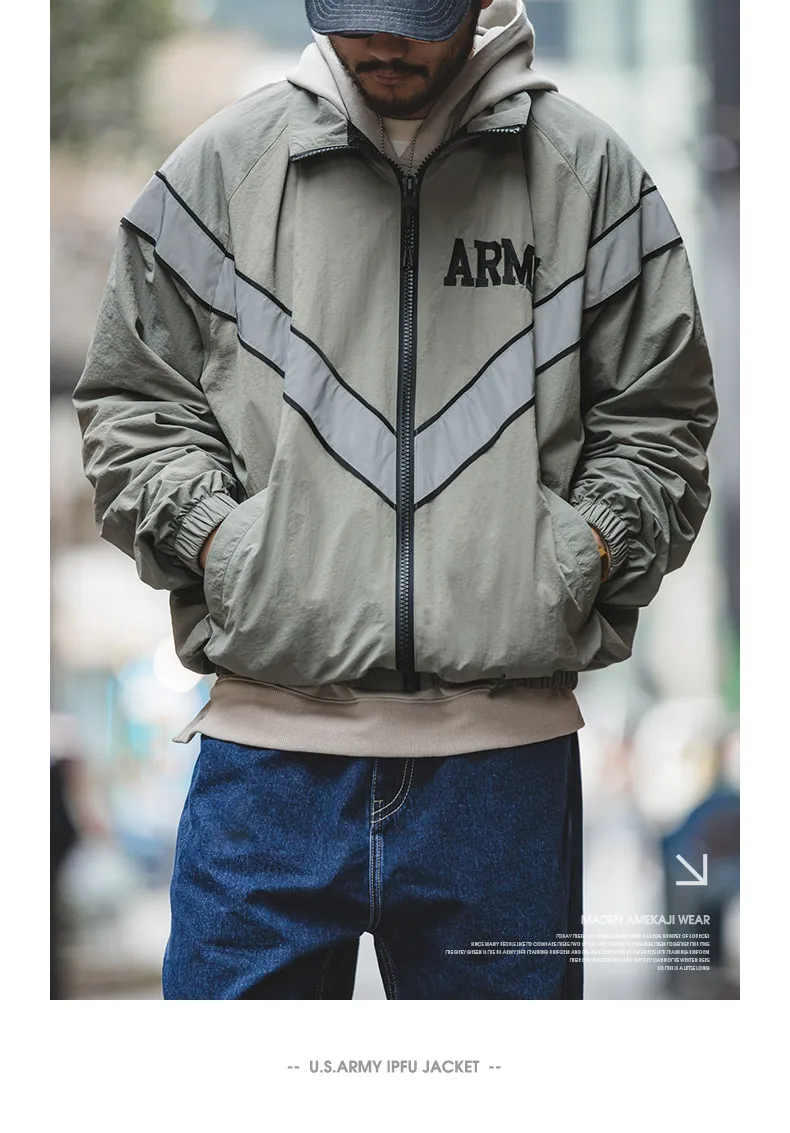 Maden Bomber Jackets For Men Vintage Training Coat Vibe Wind Reflective Hooded Quick-drying Jacket Male Blue