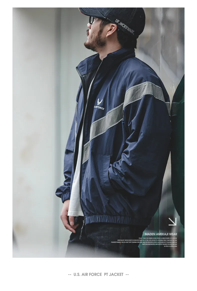 Maden Bomber Jackets For Men Vintage Training Coat Vibe Wind Reflective Hooded Quick-drying Jacket Male Blue