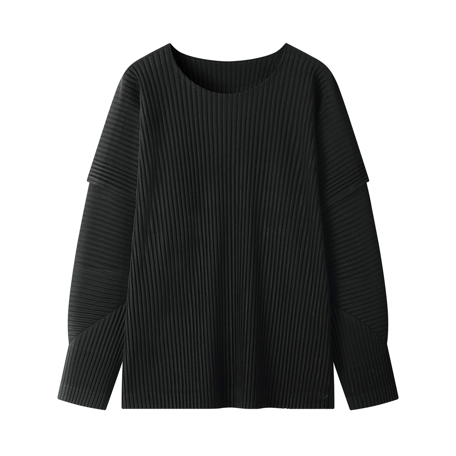 Miyake Pleated T-shirts Stitching Long Sleeve Round Neck Shirt Top Fashion Casual Loose Shirts Men Clothing