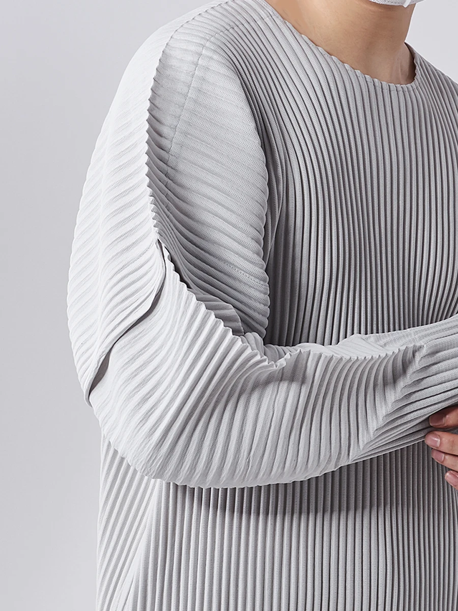Miyake Pleated T-shirts Stitching Long Sleeve Round Neck Shirt Top Fashion Casual Loose Shirts Men Clothing