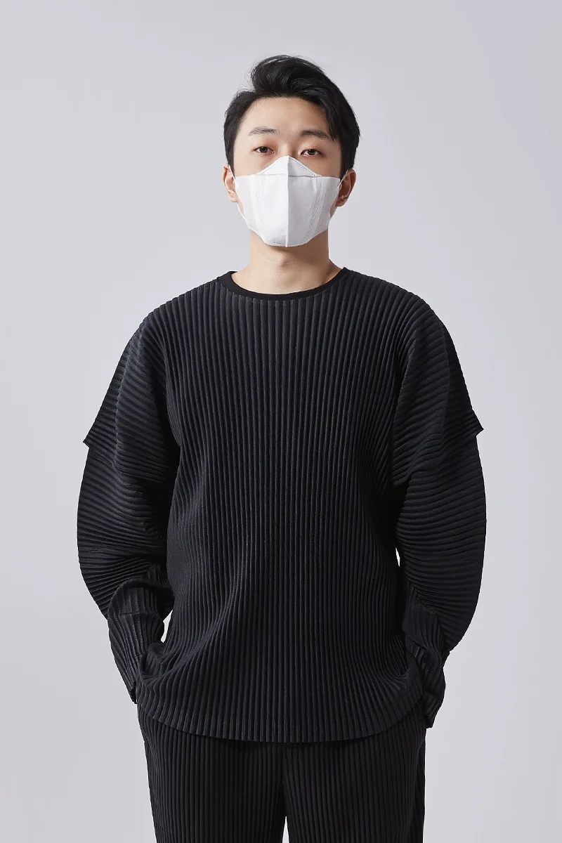 Miyake Pleated T-shirts Stitching Long Sleeve Round Neck Shirt Top Fashion Casual Loose Shirts Men Clothing