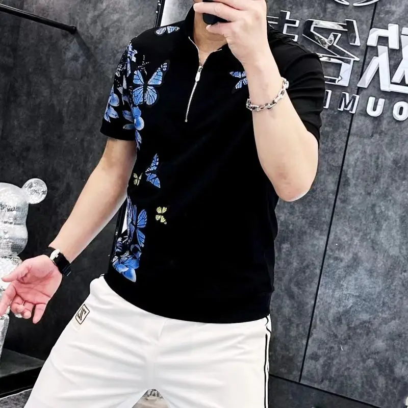 Butterfly Printed Polo Shirt for Men's Summer Zipper Short Sleeved Casual T-shirt Slim Fit Business Social POLO Tshirts 2024
