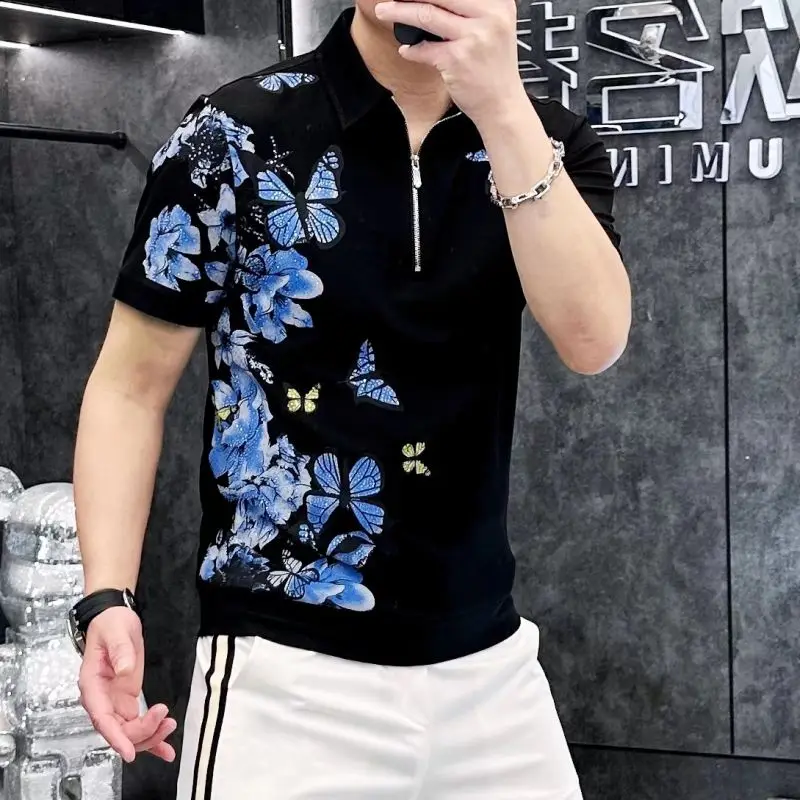 Butterfly Printed Polo Shirt for Men's Summer Zipper Short Sleeved Casual T-shirt Slim Fit Business Social POLO Tshirts 2024