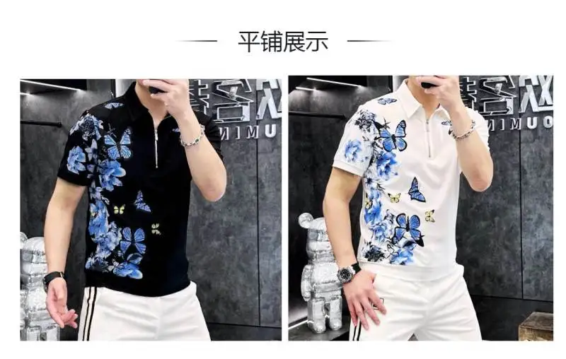 Butterfly Printed Polo Shirt for Men's Summer Zipper Short Sleeved Casual T-shirt Slim Fit Business Social POLO Tshirts 2024