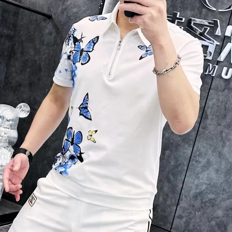 Butterfly Printed Polo Shirt for Men's Summer Zipper Short Sleeved Casual T-shirt Slim Fit Business Social POLO Tshirts 2024
