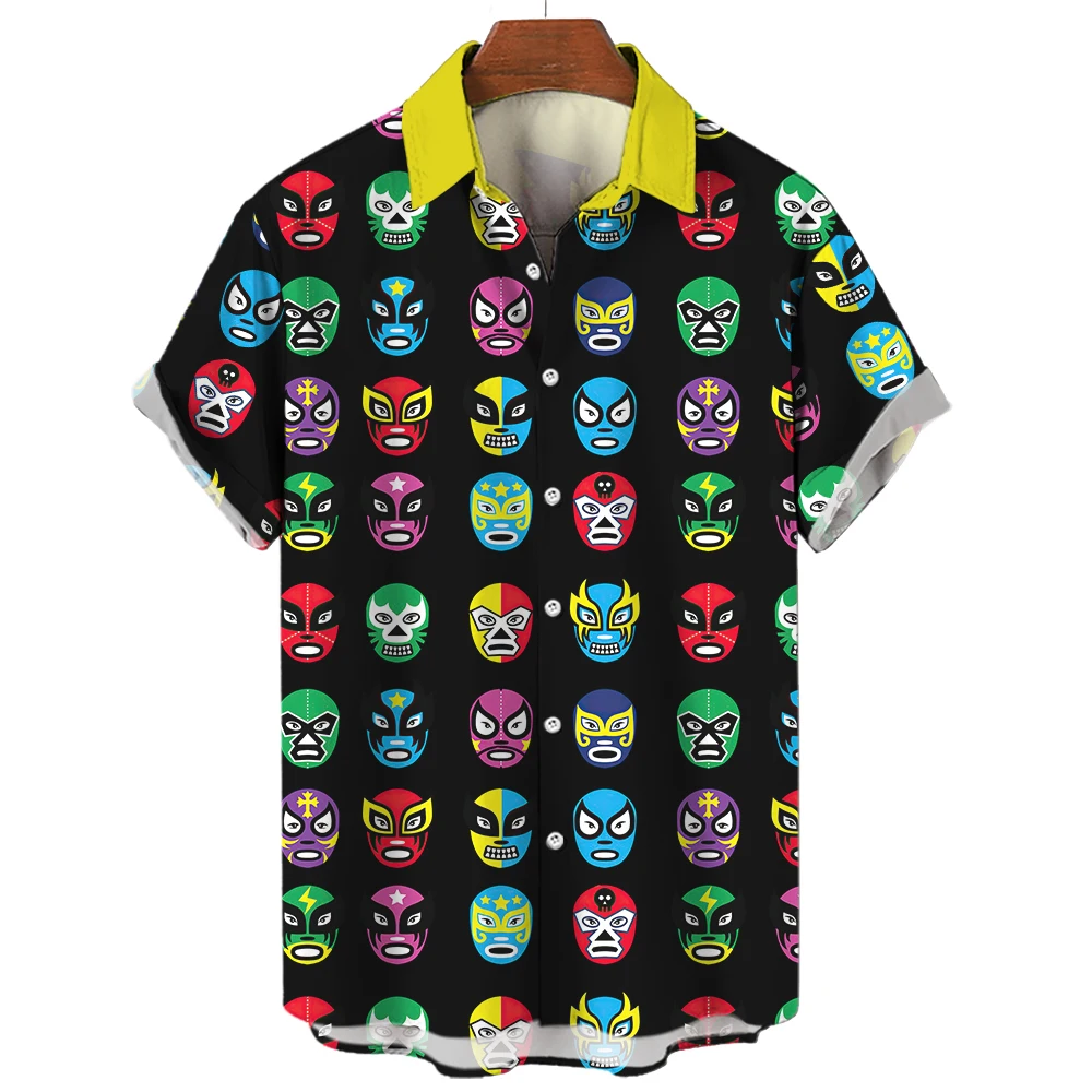3d Mask Print Men's Shirt Summer lucha libre Short Sleeve Shirt Casual Hawaiian Shirt For Men Loose Clothing Mexican Wrestling
