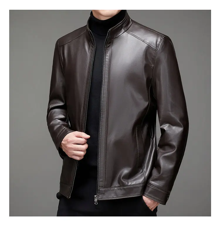 High-quality Men's Stand-up Collar Leather Jacket, Fashionable and Stylish, Casual Travel Premium Sheepskin Leather Jacket