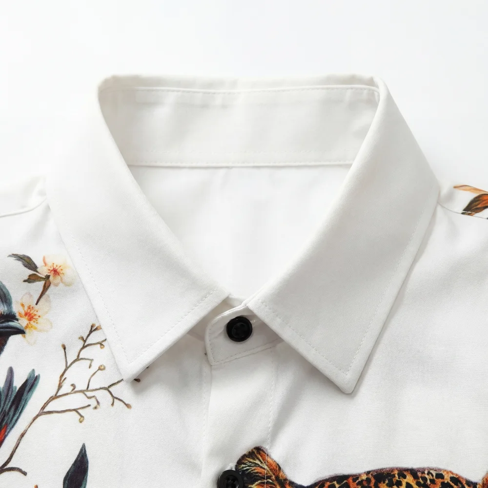 Luxury Leopard Rhinestone Shirt Men Fashion Long Sleeved Floral Shirts Casual Business Formal Dress Shirts Social Party Tops