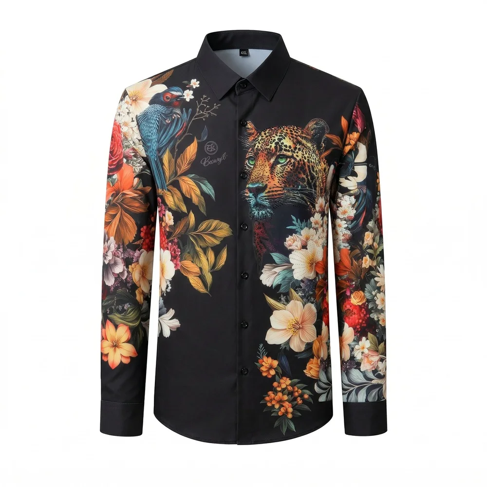 Luxury Leopard Rhinestone Shirt Men Fashion Long Sleeved Floral Shirts Casual Business Formal Dress Shirts Social Party Tops