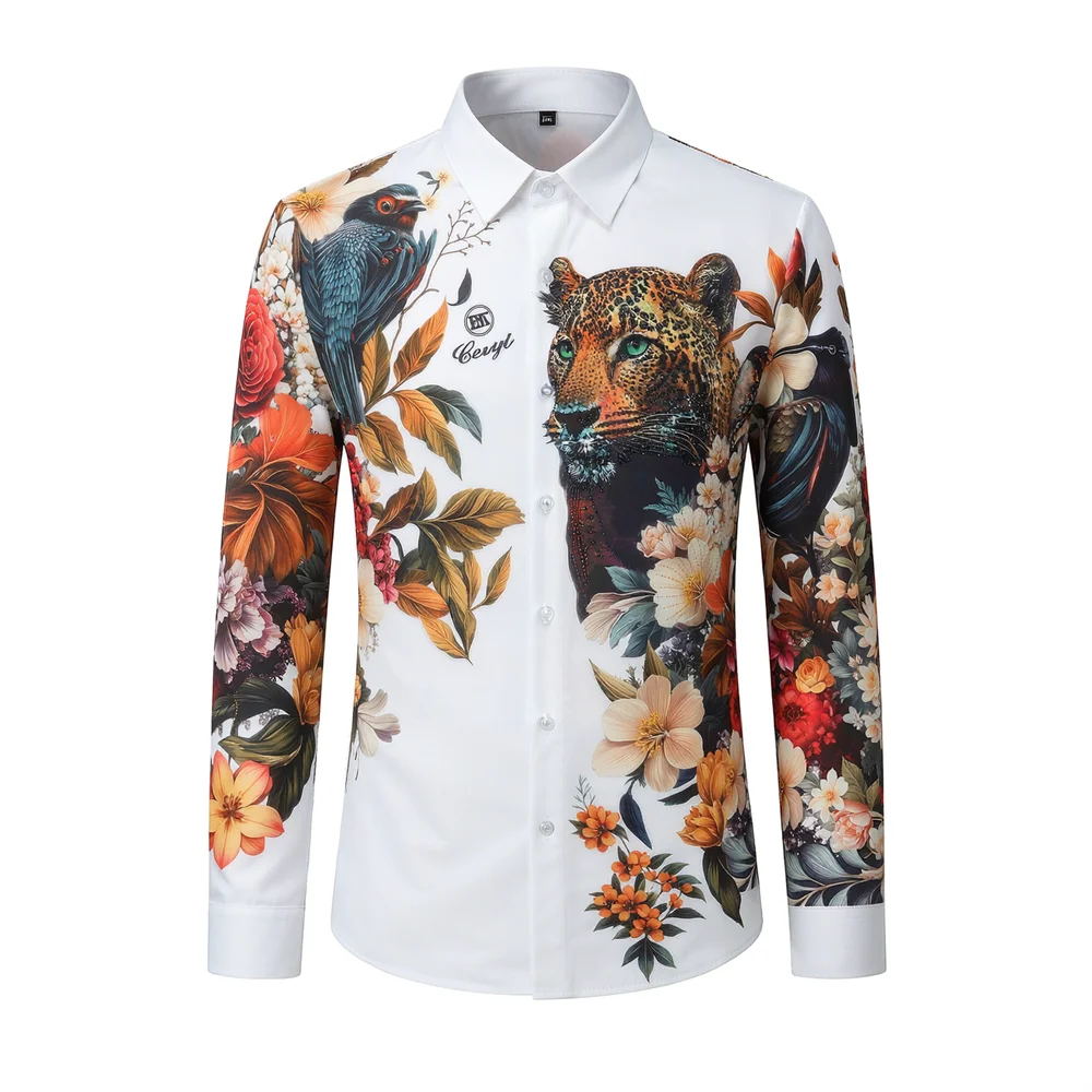 Luxury Leopard Rhinestone Shirt Men Fashion Long Sleeved Floral Shirts Casual Business Formal Dress Shirts Social Party Tops